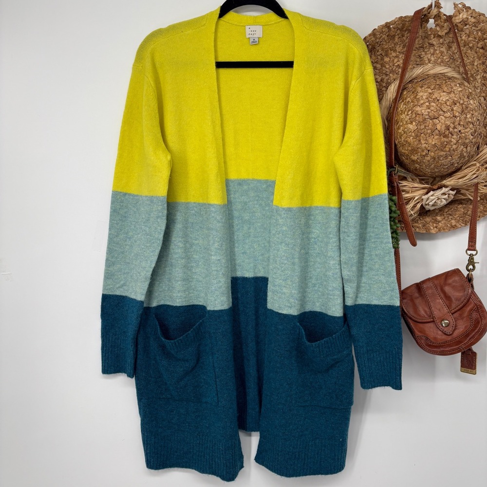 A New Day Medium Open Front Long Cardigan Color Block Oversized Pockets Yellow - Picture 2 of 10